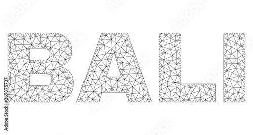 Mesh vector BALI text. Abstract lines and dots form BALI black carcass symbols. Linear carcass 2D polygonal mesh in vector format.