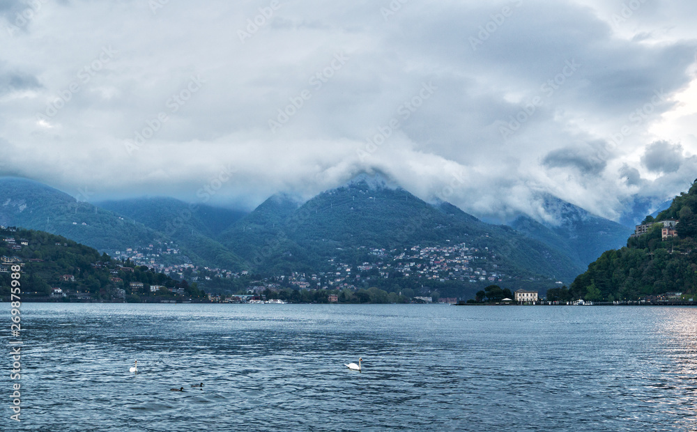 Foggy weather on the Como lake, Italy.