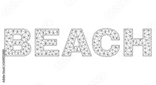 Mesh vector BEACH text. Abstract lines and circle dots form BEACH black carcass symbols. Linear carcass 2D polygonal mesh in vector format.