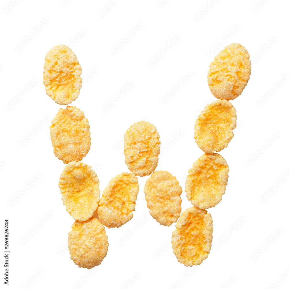 Yellow Cornflakes Letter W Isolated On White Background Alphabet Cereal Flakes Stock Photo Adobe Stock