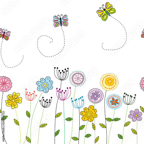 Seamless funny floral border with flowers and butterflies