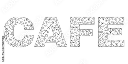 Mesh vector CAFE text. Abstract lines and circle dots form CAFE black carcass symbols. Wire carcass flat polygonal mesh in vector format.