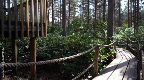 Rhododendron park called Alppiruusupuisto at Helsinki, Finland on sunny day with wooden paths with rope railings, shadows