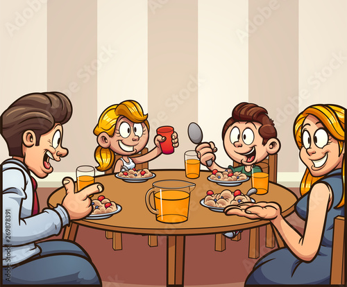 Cartoon family having breakfast eating at the table clip art. Vector illustration with simple gradients. Some elements on separate layers. 