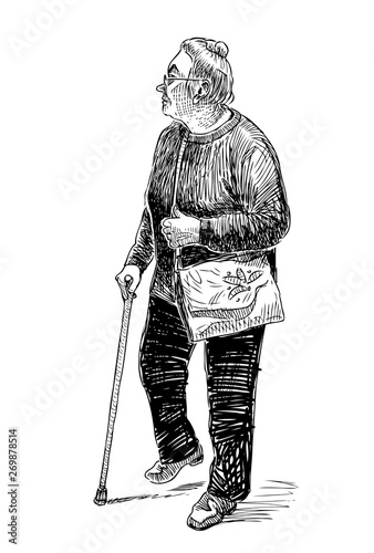 Sketch of an old townswoman walking with a stick