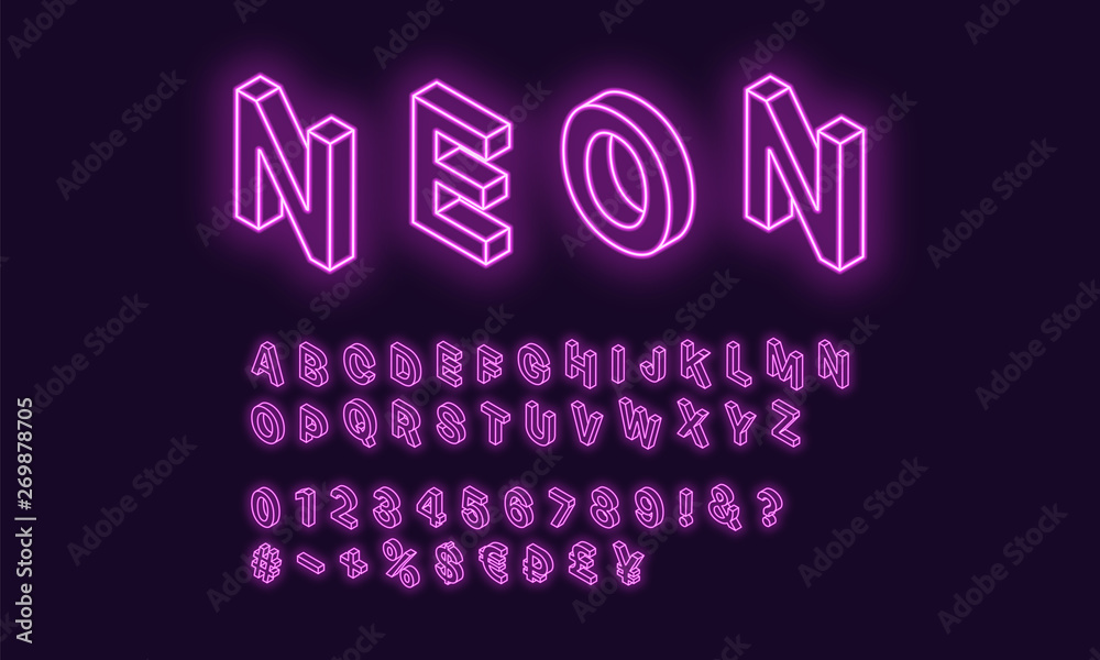 Neon isometric alphabet, Purple color. Neon Font Neon isometric alphabet, Purple color. Neon Font
