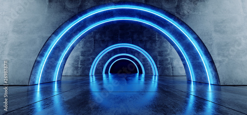Fototapeta Naklejka Na Ścianę i Meble -  Neon Laser Blue Oval Circle Tunnel Corridor Concrete Grunge Reflective Dark Hallway Underground Garage Hall Empty Futuristic Elegant Modern 3D Rendering