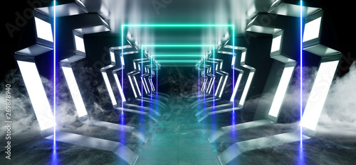 Smoke Virtual Futuristic Sci Fi Modern Glossy Metal Reflective Alien Spaceship Entrance Hallway Corridor Tunnel Dark Laser Vibrant Blue Glowing 3D Rendering