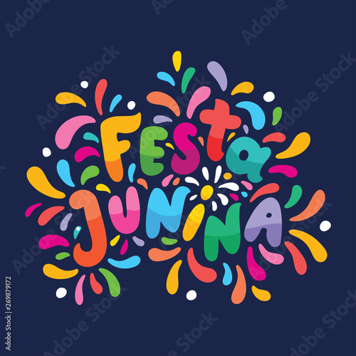 Brazilian lettering text Festa Junina illustration. Festive Vector card. Flashes, fireworks Feast logo in colorful frame