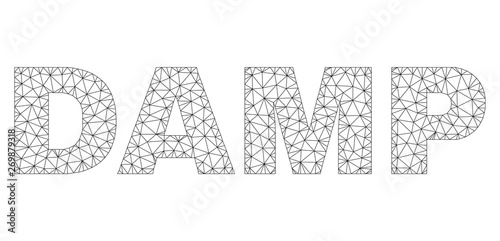Mesh vector DAMP text label. Abstract lines and circle dots are organized into DAMP black carcass symbols. Wire carcass flat triangular mesh in vector EPS format.
