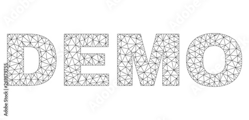 Mesh vector DEMO text caption. Abstract lines and circle dots form DEMO black carcass symbols. Wire carcass flat polygonal mesh in vector EPS format.