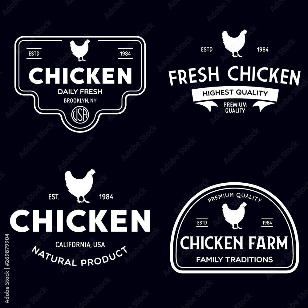 Set of chicken logo, retro print, poster for Butchery meat shop, farm etc. Farm Products, Organic and chicken silhouette.