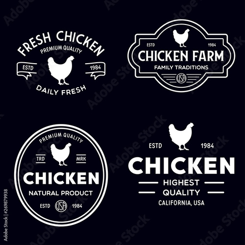 Set of chicken logo, retro print, poster for Butchery meat shop, farm etc. Farm Products, Organic and chicken silhouette.