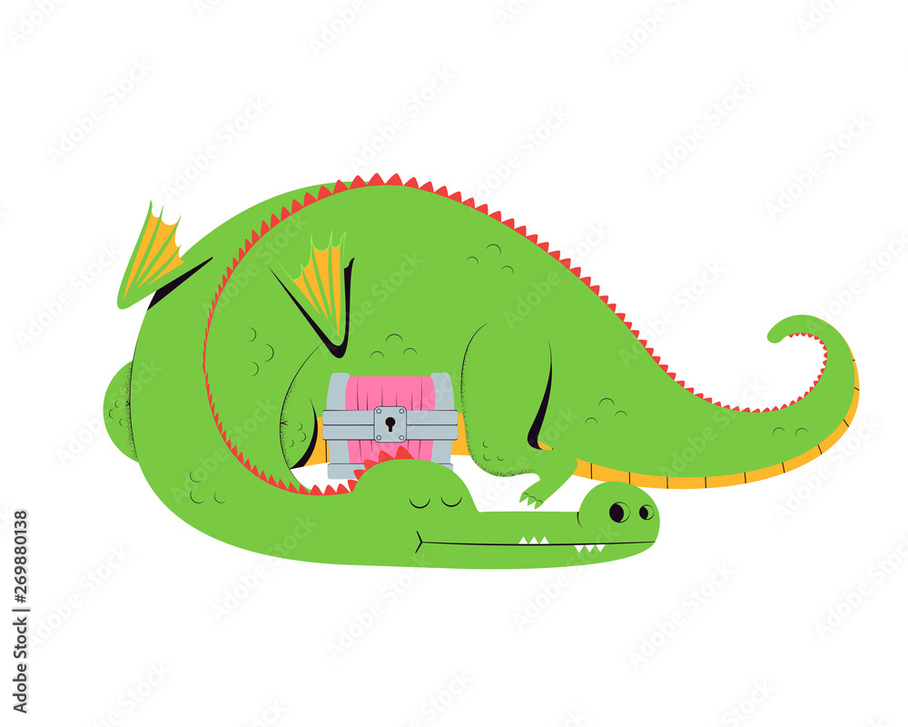 Sleeping dragon. Cute cartoon dragon guarding treasure chest. Vector  illustration Stock Vector | Adobe Stock