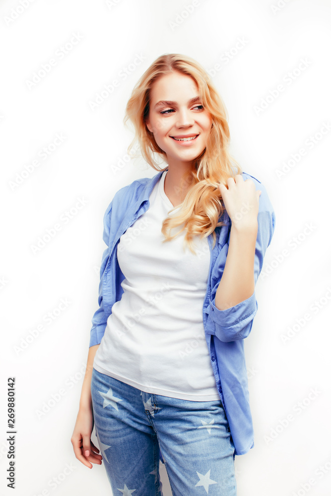 young pretty stylish blond hipster girl posing emotional isolated on white background happy smiling cool smile, lifestyle people concept close up young pretty stylish blond hipster girl posing emotional isolated on white background happy smiling cool smile, lifestyle people concept close up