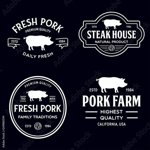 Set of premium pork labels, badges and design elements. Logo for butchery, meat shop, steak house, farm etc.