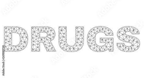 Mesh vector DRUGS text label. Abstract lines and points form DRUGS black carcass symbols. Linear carcass 2D polygonal mesh in vector format.