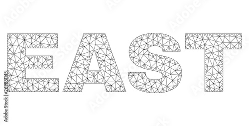 Mesh vector EAST text. Abstract lines and spheric points form EAST black carcass symbols. Wire carcass 2D polygonal mesh in vector format.
