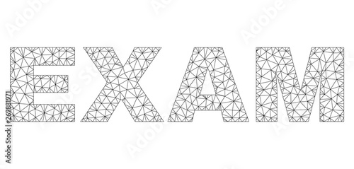 Mesh vector EXAM text. Abstract lines and spheric points form EXAM black carcass symbols. Wire carcass flat polygonal mesh in vector EPS format.
