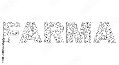 Mesh vector FARMA text. Abstract lines and small circles form FARMA black carcass symbols. Wire carcass flat triangular mesh in vector format.