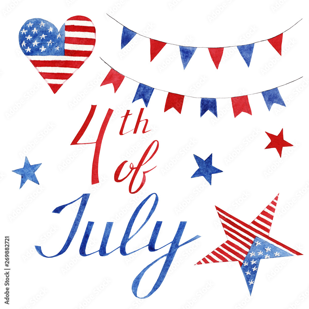 hand drawn watercolor set icons to independence day of Unated states of America for greeting cards isolated on white background hand drawn watercolor set icons to independence day of Unated states of America for greeting cards isolated on white background