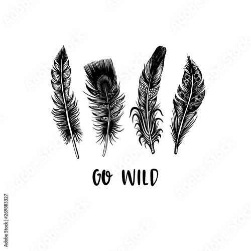 Print for t-shirt with feather and slogan.