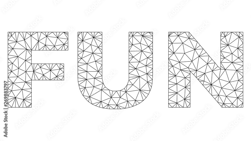 Mesh vector FUN text. Abstract lines and circle dots are organized into FUN black carcass symbols. Linear carcass 2D polygonal mesh in eps vector format.
