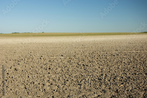 Plowed field, horizon and blue sky