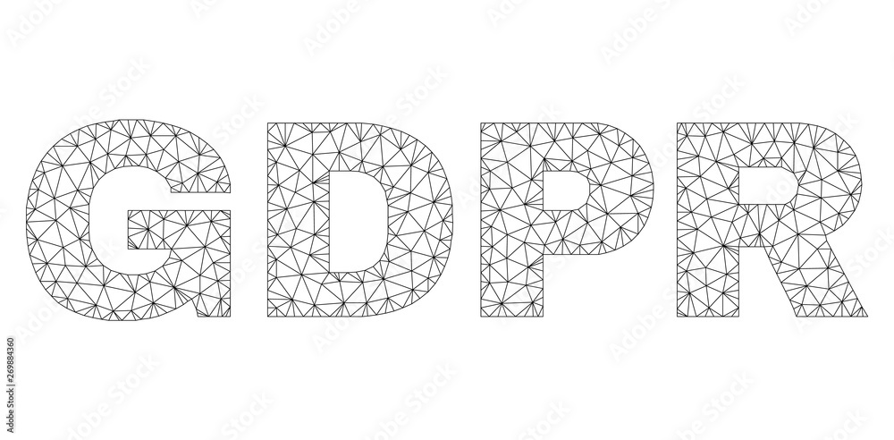 Mesh vector GDPR text. Abstract lines and points are organized into GDPR black carcass symbols. Wire carcass flat polygonal mesh in vector format.