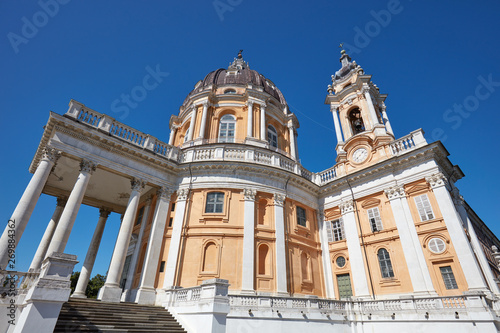 Superga basilica in a sunny summer day, clear blue sky in Turin, Italy