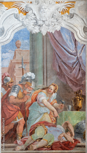 ACIREALE, ITALY - APRIL 11, 2018: The fresco of Jael and Sisera in church Chiesa di San Camillo by Pietro Paolo Vasta (1745 - 1750). © Renáta Sedmáková