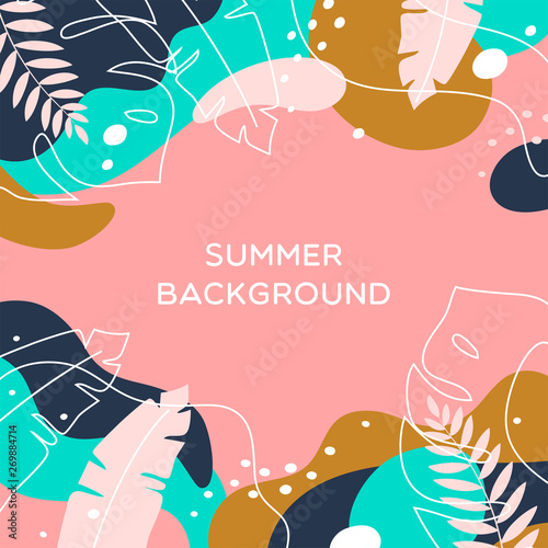 Summer background with tropical leaves in modern memphis style. Vector illustration.