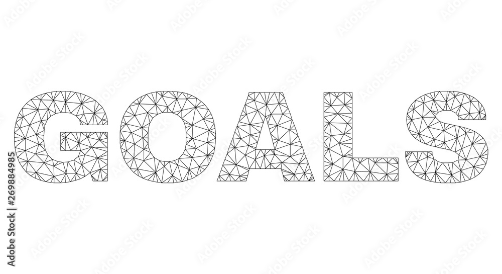Mesh vector GOALS text caption. Abstract lines and points form GOALS black carcass symbols. Linear carcass 2D triangular mesh in vector format. Mesh vector GOALS text caption. Abstract lines and points form GOALS black carcass symbols. Linear carcass 2D triangular mesh in vector format.