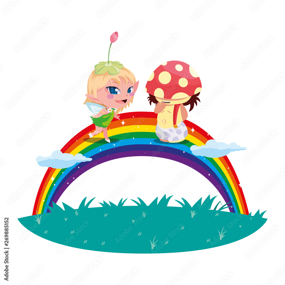 Obraz premium beautiful magic fairy and fungu elf with rainbow scene