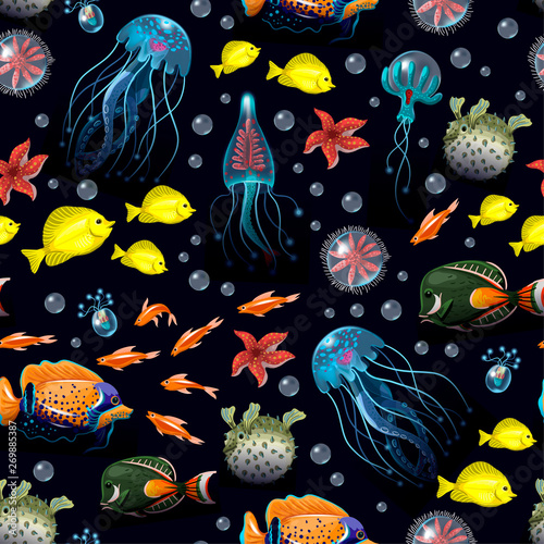 Seamless pattern with sea inhabitans and herb.