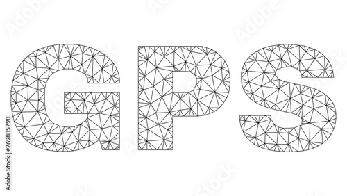 Mesh vector GPS text. Abstract lines and spheric points form GPS black carcass symbols. Wire carcass flat triangular mesh in eps vector format.