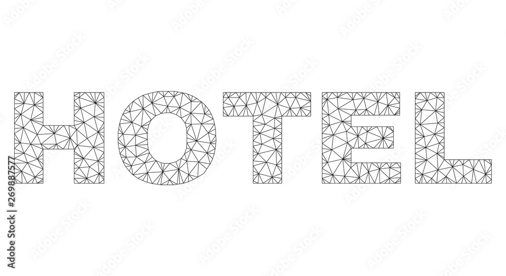 Obraz premium Mesh vector HOTEL text. Abstract lines and small circles form HOTEL black carcass symbols. Linear frame flat triangular mesh in vector EPS format.