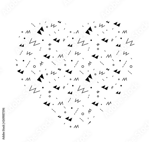 Seamless doodle heart shaped pattern. Simple minimalistic background with various elements. Design for prints  shirts  fabrics and posters. Black and white. Love  geometric.