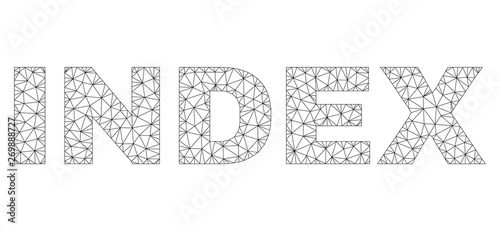 Mesh vector INDEX text. Abstract lines and circle dots are organized into INDEX black carcass symbols. Wire frame flat triangular mesh in vector format.
