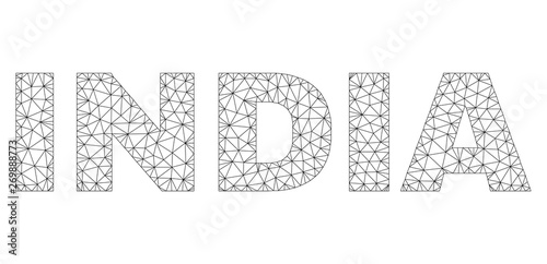 Mesh vector INDIA text. Abstract lines and points are organized into INDIA black carcass symbols. Wire carcass 2D triangular mesh in vector EPS format.