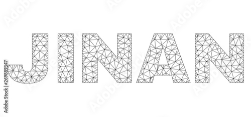 Mesh vector JINAN text. Abstract lines and spheric points are organized into JINAN black carcass symbols. Wire carcass 2D polygonal mesh in vector format.