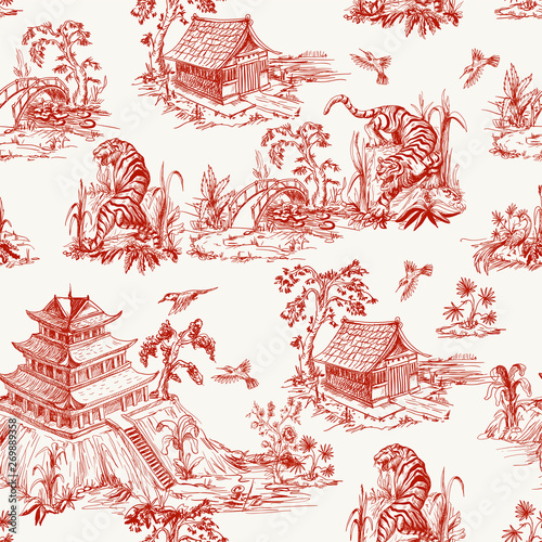 Seamless pattern in chinoiserie style for fabric or interior design. photo