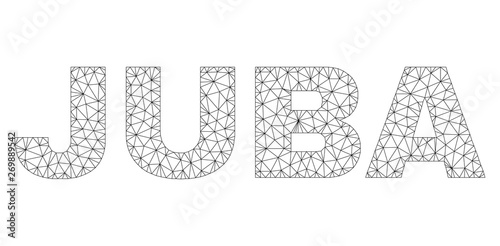 Mesh vector JUBA text caption. Abstract lines and circle dots form JUBA black carcass symbols. Linear carcass flat triangular mesh in vector format.