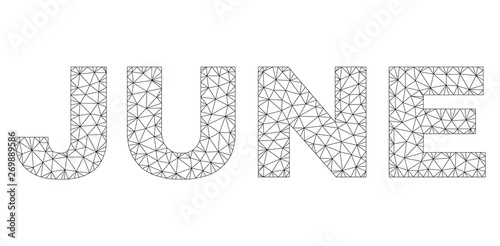 Mesh vector JUNE text. Abstract lines and dots form JUNE black carcass symbols. Linear frame 2D polygonal mesh in eps vector format.