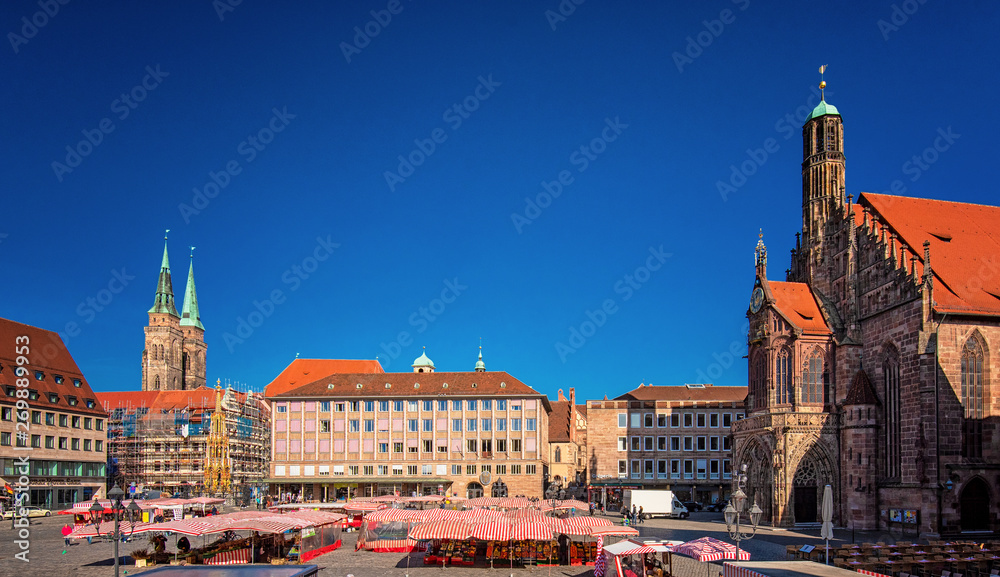 Market stalls on the market square of the Franconian city of Nuremberg in Germany
