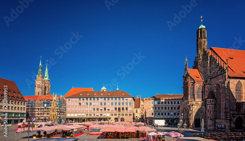 Market stalls on the market square of the Franconian city of Nuremberg in Germany