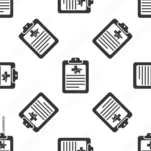 Grey Clipboard with medical clinical record pet icon isolated seamless pattern on white background. Health insurance form. Medical check marks report. Vector Illustration