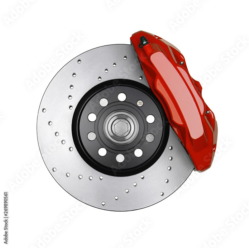 Car brake disc and red caliper isolated on white background photo