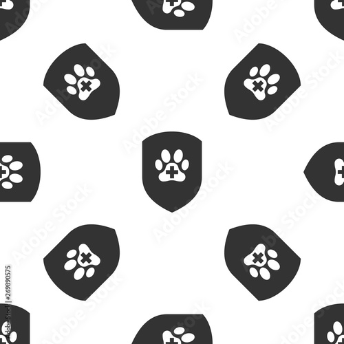 Grey Animal health insurance icon isolated seamless pattern on white background. Pet protection icon. Dog or cat paw print. Vector Illustration