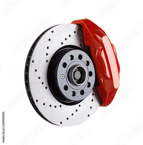 Car brake disc and red caliper isolated on white background